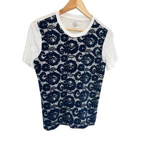 Tory Burch Blue Velvet Lace Design White Pima Cotton Tee XS